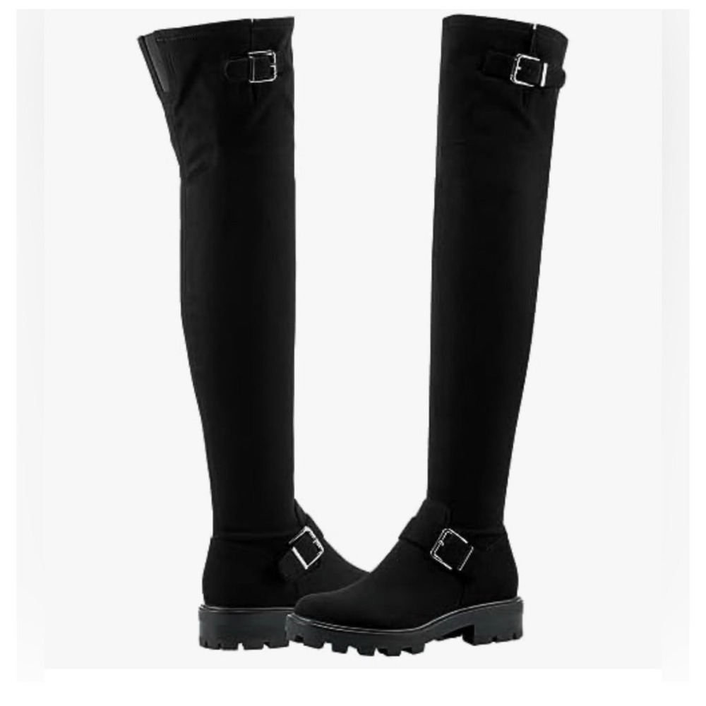 Marc Fisher LTD Ganven Black Suede Lug Sole Over the Knee Boots Size 11M a5